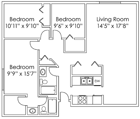 Floor plan for 3 beds, 2 baths, 1247 sqft